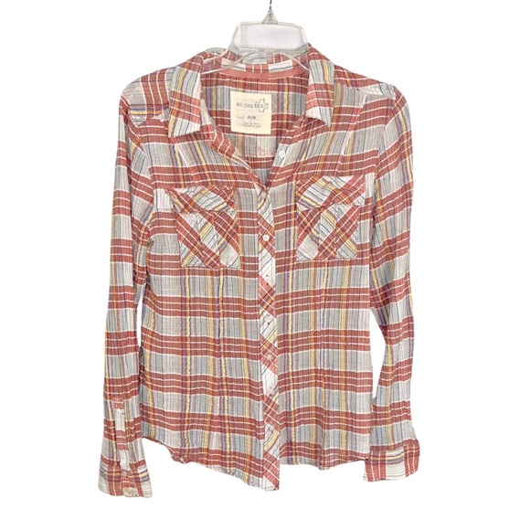 Free People We the Free Plaid Crepe Crinkle Boho Festival Button Down Shirt Med - Picture 2 of 12